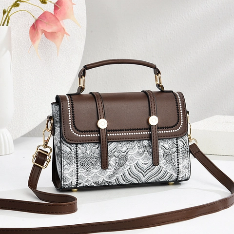 Retro Jacquard Patchwork PU Leather Crossbody Bag For Women Ethnic Embroidery Top Handle Handbag Contrast Color Shoulder Bag