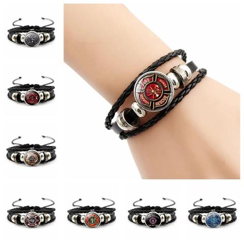 Pulsera De Cuero De Bombero Trenzada Multicapa Cabochon De Vidrio Joyería De Rescate Tributo Héroe Unisex