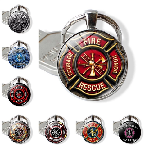 Feuerwehr Rettung Zeit Edelstein Glas Cabochon Metall Schlüsselanhänger Berufs Ehre Feuerwehremblem Schlüsselring Gedenkgeschenk