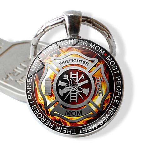Feuerwehr Rettung Zeit Edelstein Glas Cabochon Metall Schlüsselanhänger Berufs Ehre Feuerwehremblem Schlüsselring Gedenkgeschenk