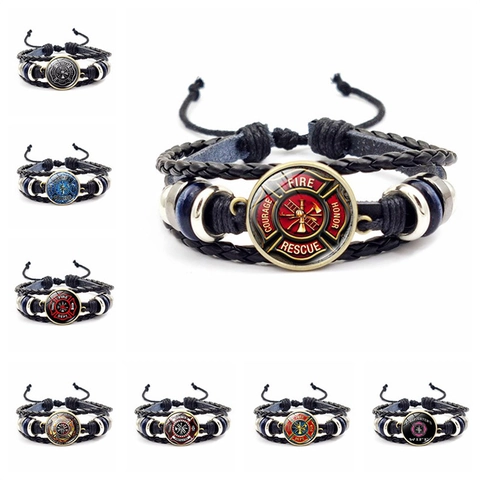 Firefighter Theme Multi Layer Woven Leather Bracelet Alloy Glass Cabochon Fire Dept Badge Jewelry For Men Women