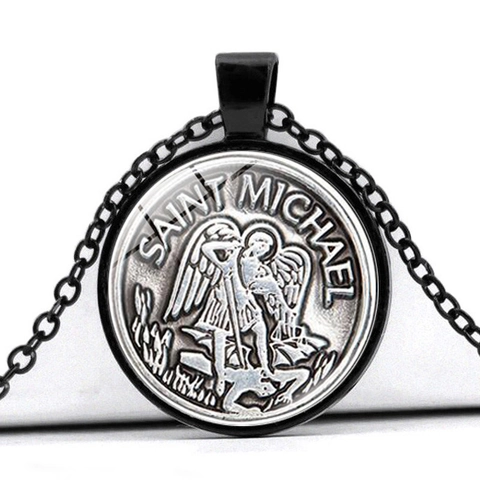 Archangel Saint Michael Protect Us Religious Pendant Necklace Vintage Zinc Alloy Glass Cabochon Protection Jewelry For Men Women
