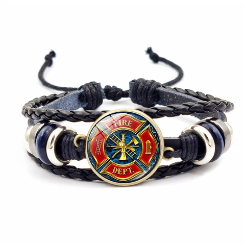 Firefighter Theme Multi Layer Woven Leather Bracelet Alloy Glass Cabochon Fire Dept Badge Jewelry For Men Women