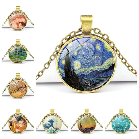 Kunst Anhänger Halskette Vintage Zinklegierung Und Glas Cabochon Weltberühmte Malerei Van Gogh Sternennacht Sonnenblumen Retro