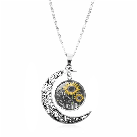 Collier Pendentif Croissant de Lune Tournesol en Alliage Vintage Avec Cabochon en Verre You Are My Sunshine Bijoux Cadeau Femme