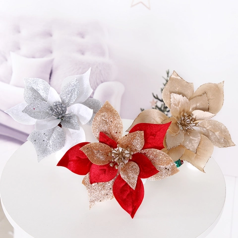 Kunstmatige Kerst Poinsettia Bloem Glitter Stof Decoratieve Hanger Voor Kerstboom Feestdagen Huisdecoratie Champagne Zilver