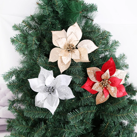 Kunstmatige Kerst Poinsettia Bloem Glitter Stof Decoratieve Hanger Voor Kerstboom Feestdagen Huisdecoratie Champagne Zilver