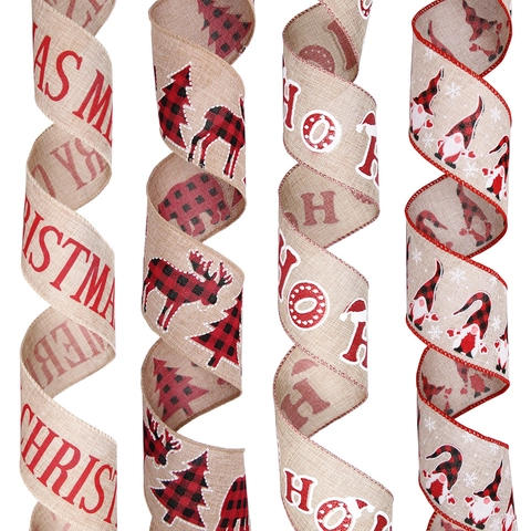 Christmas Imitation Linen Decorative Ribbon Wired Edge Burlap Ribbon For Christmas Tree Ornaments Gift Wrapping Party Home Decor Buffalo Plaid Gnomes Reindeer Patterns