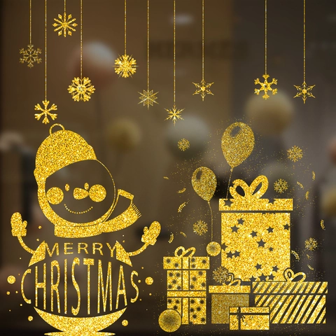 Christmas Window Stickers Gold Glitter PVC Removable Glass Decals Reindeer Snowman Snowflake Festive Holiday Home Shop Decoration