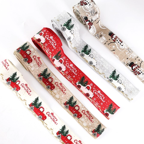 Christmas Ribbon Faux Burlap Red Truck Snowman Printed For Tree Decoration DIY Gift Wrapping Festive Party Ornament