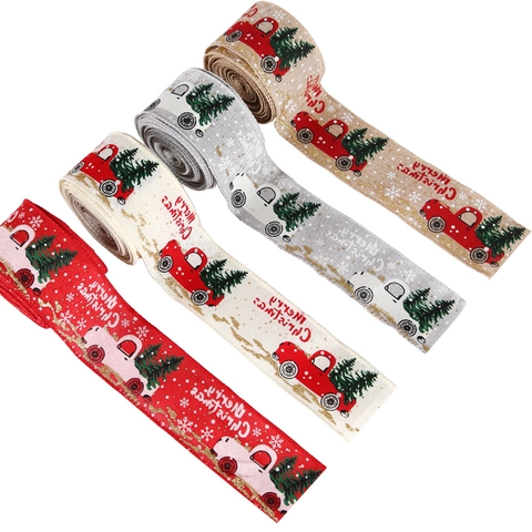 Nastro Di Natale Finto Lino Stampato Pupazzo Di Neve Camion Vintage Bordo Cablato Per Confezioni Regalo Decorazione Albero