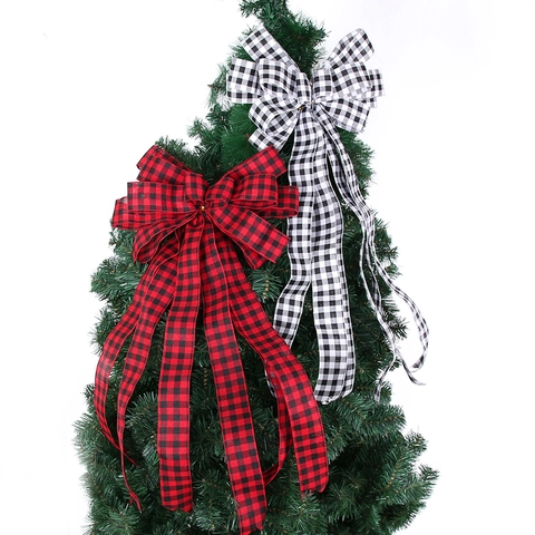 Große Weihnachtsbaumspitze Schleife Buffalo Karo Polyester Handgefertigt Rot Schwarz Weiß Karomuster Feiertags Haus Dekoration