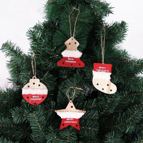 Weihnachten Holz Anhänger Set Stern Socke Baum Kugel Mit Plüschbesatz Rot Weiß Xmas Deko Für Haus Party