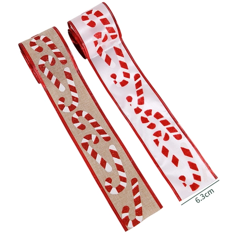 Cinta Con Estampado De Bastón De Caramelo Navideño Estilo Satén Lino Borde Con Alambre Rojo Para Decoración Regalo