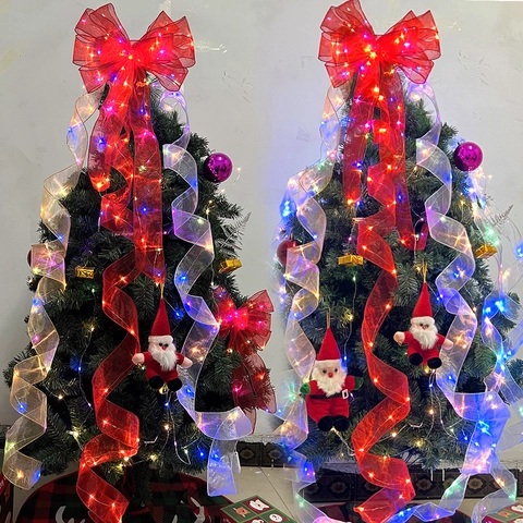 Christmas LED Ribbon Fairy Lights Mesh Organza Glowing String For Tree Decor DIY Bows Battery Operated Holiday Party