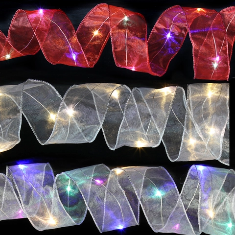 Kerstlint LED Feeënverlichting Gaas Organza Strik Vormbaar Snoer Boomdecoratie Vakantiefeest Ornament