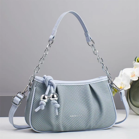 Woven PU Leather Shoulder Bag Pleated Cloud Underarm Handbag With Metal Chain Strap And Ball Decor Elegant Women Accessory