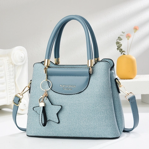 Borsa Tote Donna Elegante Pelle PU Trama Di Twill Grande Capacità Borsa A Mano Tracolla Con Pendente A Stella Moda