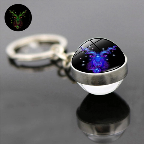 Porte-Clés Luminous 12 Signes Du Zodiaque Boule De Verre Double Face Brille Dans Le Noir Pendentif Constellation Cadeau