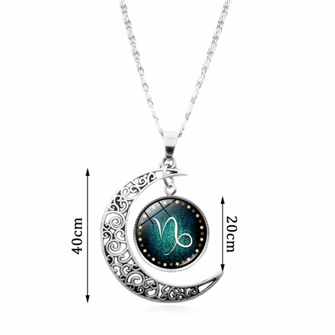 Sternzeichen Kette Mondsichel Anhänger Sternenhimmel Glas Cabochon Legierung Schmuck Unisex Retro