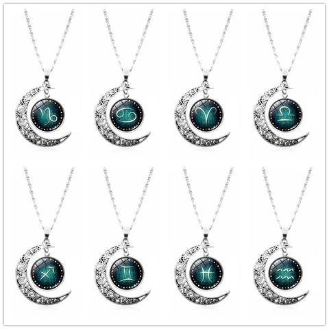 Sternzeichen Kette Mondsichel Anhänger Sternenhimmel Glas Cabochon Legierung Schmuck Unisex Retro