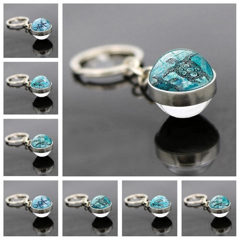 Creatieve Oceaan Zeeleven Glazen Bol Sleutelhanger Zeeschildpad Zeester Dolfijn Zinklegering Sleutelring Sieraden Cadeau Voor Reizen