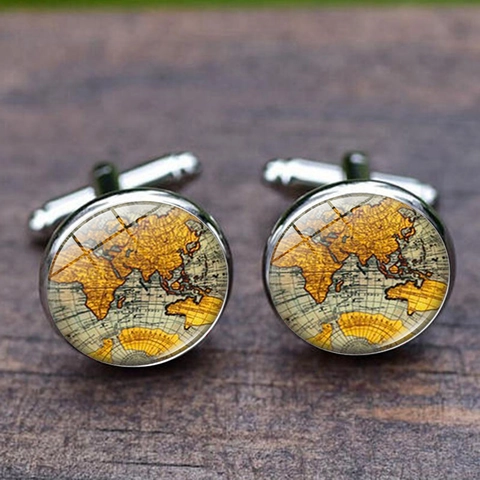 Herren Runde Retro Weltkarte Manschettenknöpfe Vintage Legierung Glas Cabochon Anzug Hemd Business Zubehör