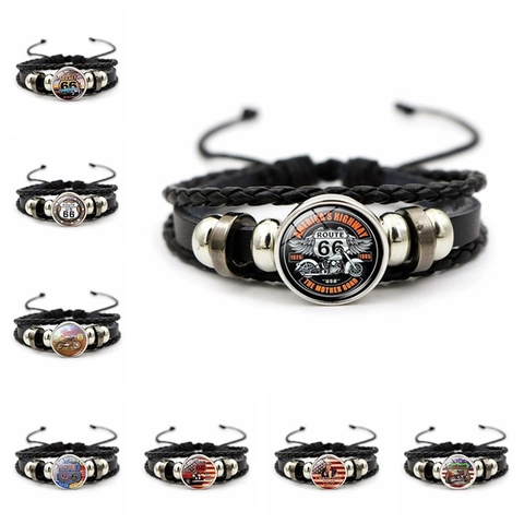 Bracelet en Cuir Tressé Vintage Route 66 Multicouche Style Punk Biker Bijoux de Main Avec Cabochon en Verre pour Hommes Femmes Cadeau