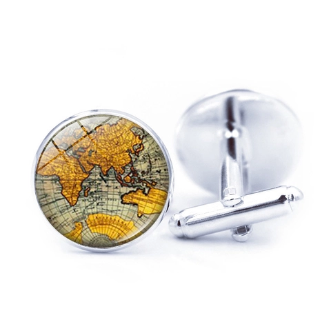 Herren Runde Retro Weltkarte Manschettenknöpfe Vintage Legierung Glas Cabochon Anzug Hemd Business Zubehör