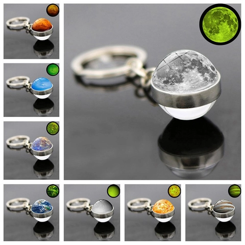 Luminous Solar System Planet Keychain Glow In The Dark Double Sided Glass Ball Galaxy Earth Moon Keyring Space Jewelry Gift
