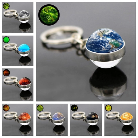 Galaxy Nebula Glass Ball Keychain Luminous Glow In The Dark Solar System Planets Zinc Alloy Keyring Accessories
