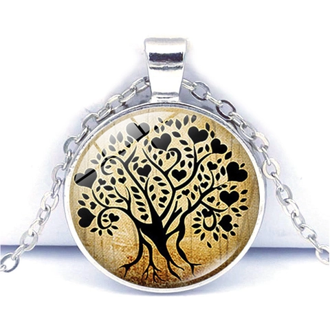 Tree Of Life Glass Cabochon Pendant Necklace Silver Alloy Chain Vintage Artistic Botanical Pattern Fashion Jewelry For Women