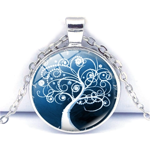 Tree Of Life Glass Cabochon Pendant Necklace Silver Alloy Chain Vintage Artistic Botanical Pattern Fashion Jewelry For Women
