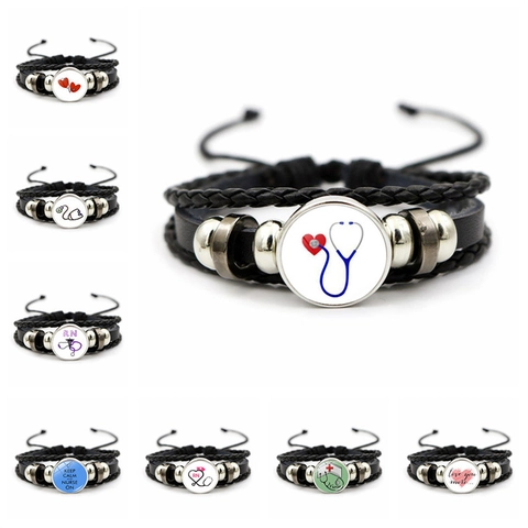 Multilayer Braided Leather Bracelet Glass Cabochon Medical Nurse RN Stethoscope Syringe Pattern Retro Adjustable Jewelry