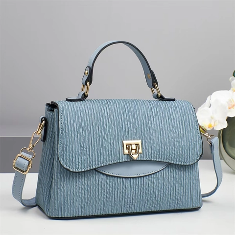 Elegant Women PU Leather Handbag With Pleated Wavy Texture Top Handle Fashionable Shoulder Bag Metal Lock Macaron Colors
