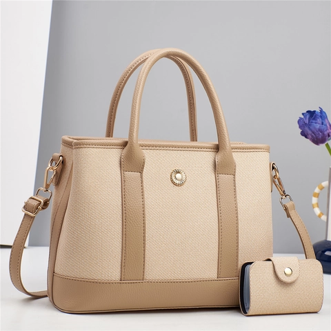 Women Spliced Canvas PU Leather Tote Bag Set Fashion Floral Buckle Shoulder Handbag With Small Pouch Commuter Bag