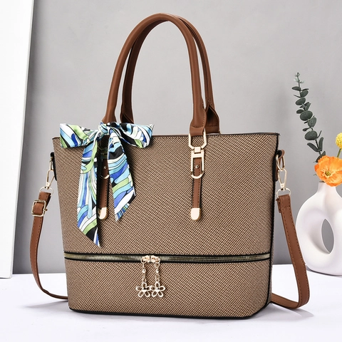 Bolso Cubo De Cuero PU Con Textura Tejida Bolso De Gran Capacidad Con Pañuelo De Satén Y Colgante De Flor Para Mujer