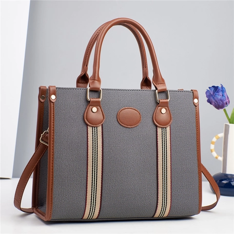 Borsa Tote Da Donna In Tela E Pelle PU Grande Capacità Nastro A Righe Borsa A Tracolla Borsa A Mano Casual Versatile