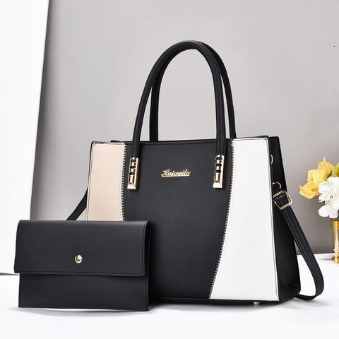 Sac À Main Et Portefeuille Femme Bloc De Couleur Similicuir Patchwork Grand Cabas Avec Ferrures Dorées Bandoulière