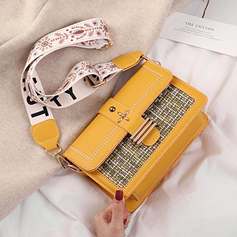 Women Splicing Shoulder Bag PU Leather Tweed Woven Color Block Fashion Crossbody Bag With Embroidered Wide Strap Handbag