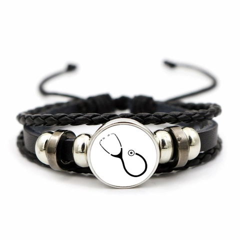 Multilayer Braided Leather Bracelet Glass Cabochon Medical Nurse RN Stethoscope Syringe Pattern Retro Adjustable Jewelry