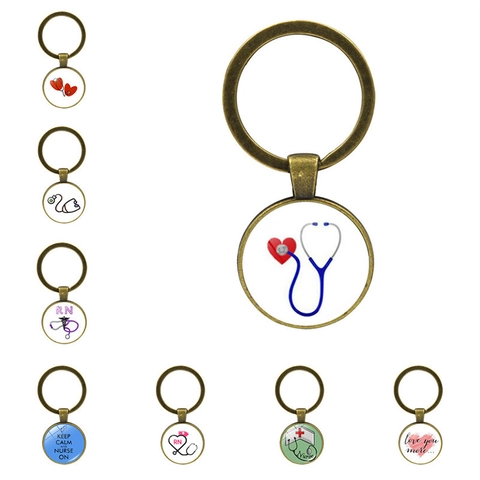 Vintage Zinc Alloy Glass Cabochon Keychain Antique Bronze Stethoscope Syringe Medical Nurse Doctor Student Career Gift