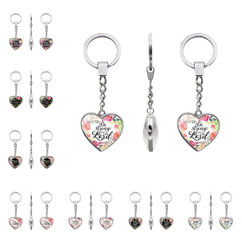 Heart Shape Keychain Zinc Alloy Glass Inspirational Bible Verse Quote Floral Print Pendant Gift Accessory