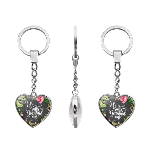 Heart Shape Keychain Zinc Alloy Glass Inspirational Bible Verse Quote Floral Print Pendant Gift Accessory
