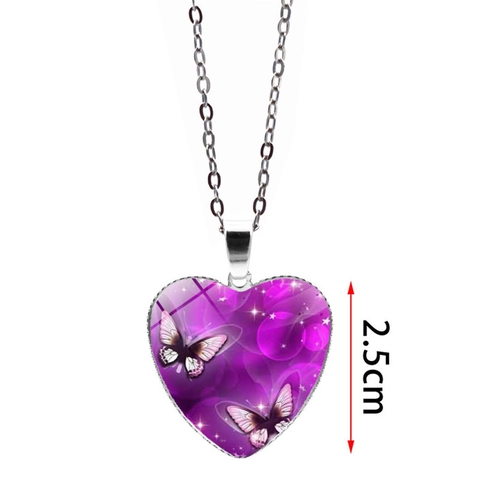 Fashion Alloy Glass Butterfly Heart Pendant Necklace Starry Sky Pattern Cross Chain Jewelry For Women Girls Romantic Gift