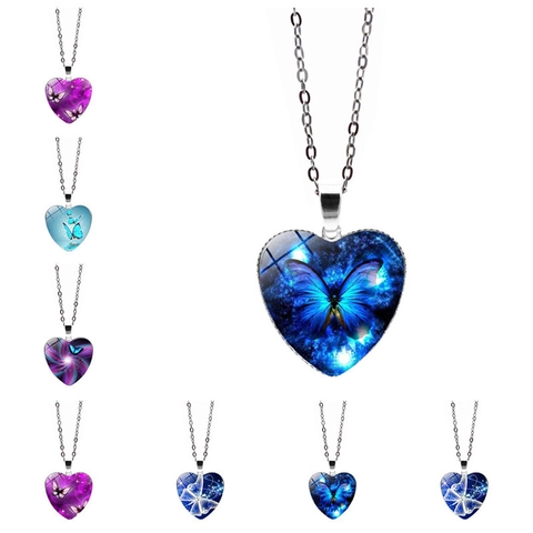 Butterfly Heart Pendant Necklace Glass Time Gem Starry Sky Alloy Chain Dreamy Jewelry Accessory For Women Teen Gifts