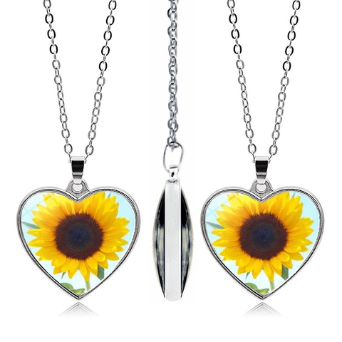 Doppelseitige Herzförmige Sonnenblume Anhänger Halskette Zinklegierung Glas Cabochon Vintage Floral Schmuck Damen Alltag