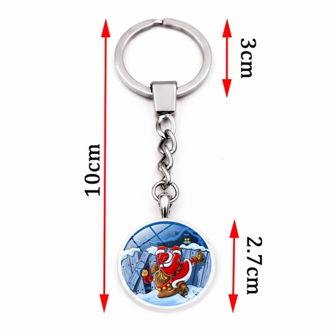 Christmas Santa Claus Glass Cabochon Keychain Round Zinc Alloy Key Ring Pendant Festive Holiday Gift Ornament Key Chain