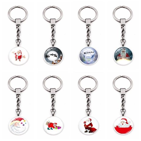 Christmas Santa Claus Glass Cabochon Keychain Round Zinc Alloy Key Ring Pendant Festive Holiday Gift Ornament Key Chain