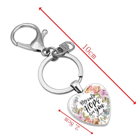 Herz Schlüsselanhänger Aus Metall Mit Inspirierendem Bibelvers Glas Zeit-Edelstein Blumenmuster Silber Legierung Für Damen Geschenk